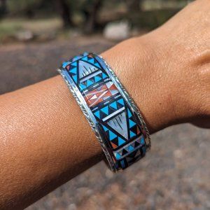 Native American Handmade Cuff Bracelet Zuni Inlay Sterling Silver sz7US ***‎